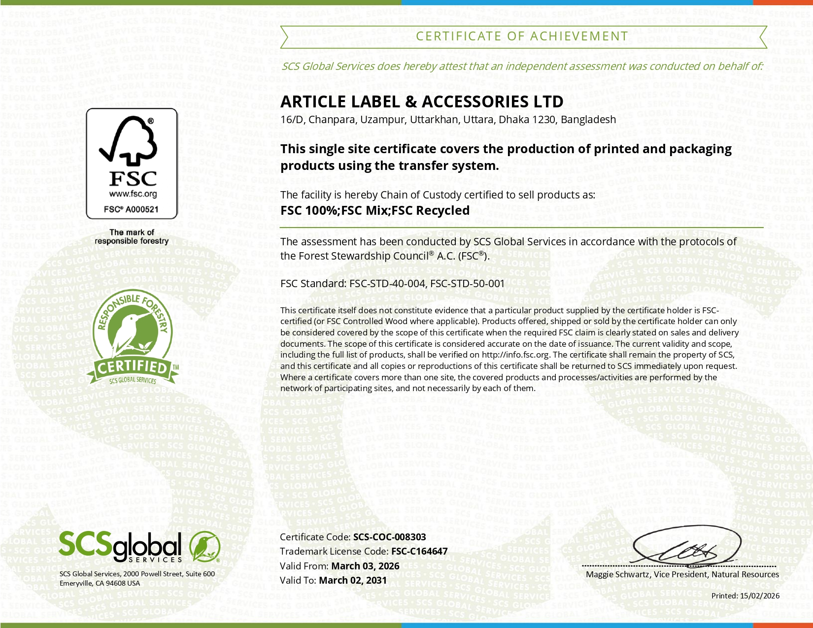 FSC Chain of Custody certificate