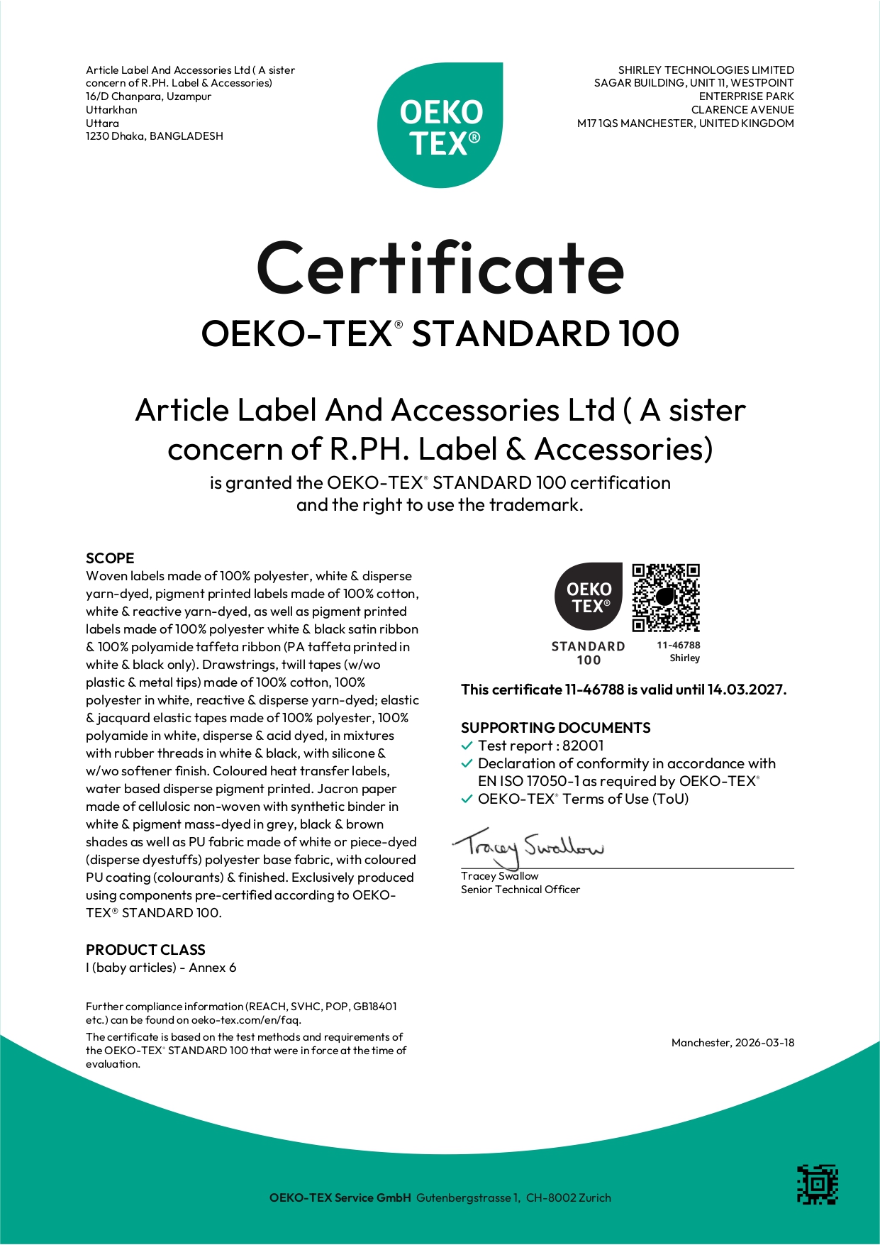 OEKO-TEX Standard 100 certificate